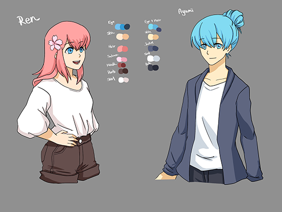 Character reference sheet for Ren and Ayumi